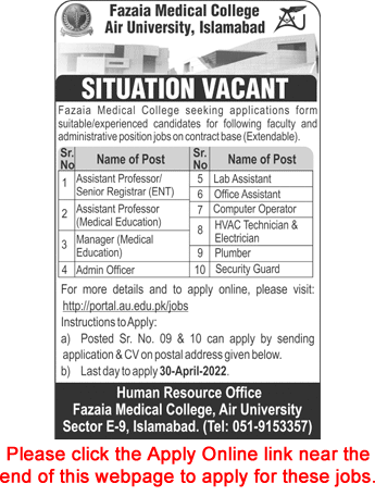 Air University Fazaia Medical College Islamabad Jobs 2022 April Apply Online Latest