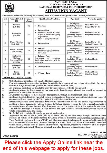 National Heritage and Culture Division Islamabad Jobs 2022 April Apply Online Clerks, Assistants & Others Latest