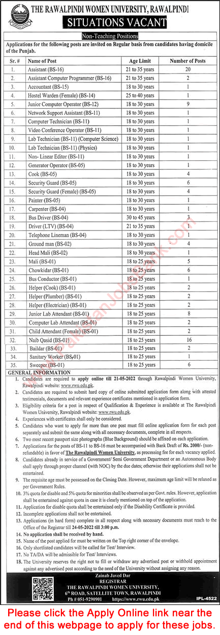 Rawalpindi Women University Jobs 2022 April RWU Online Application Form Assistants, Naib Qasid & Others Latest