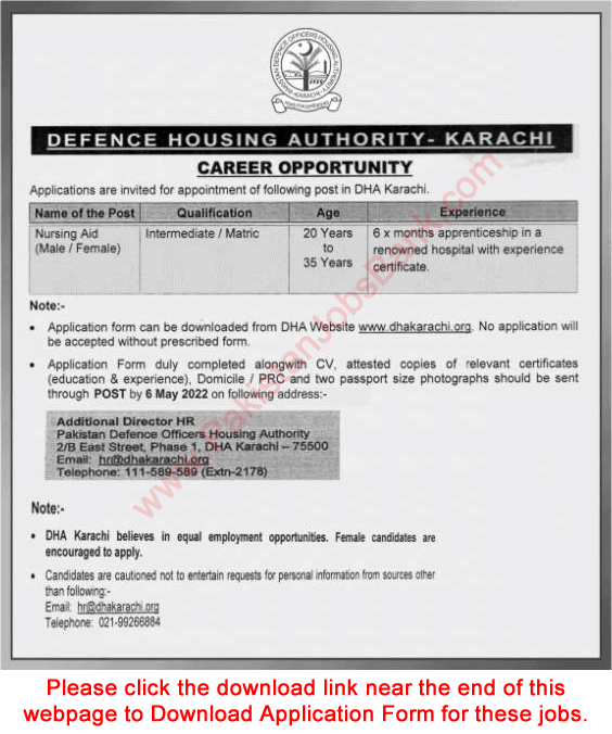 Nursing Aid Jobs in DHA Karachi May 2022 Application Form Defence Housing Authority Latest
