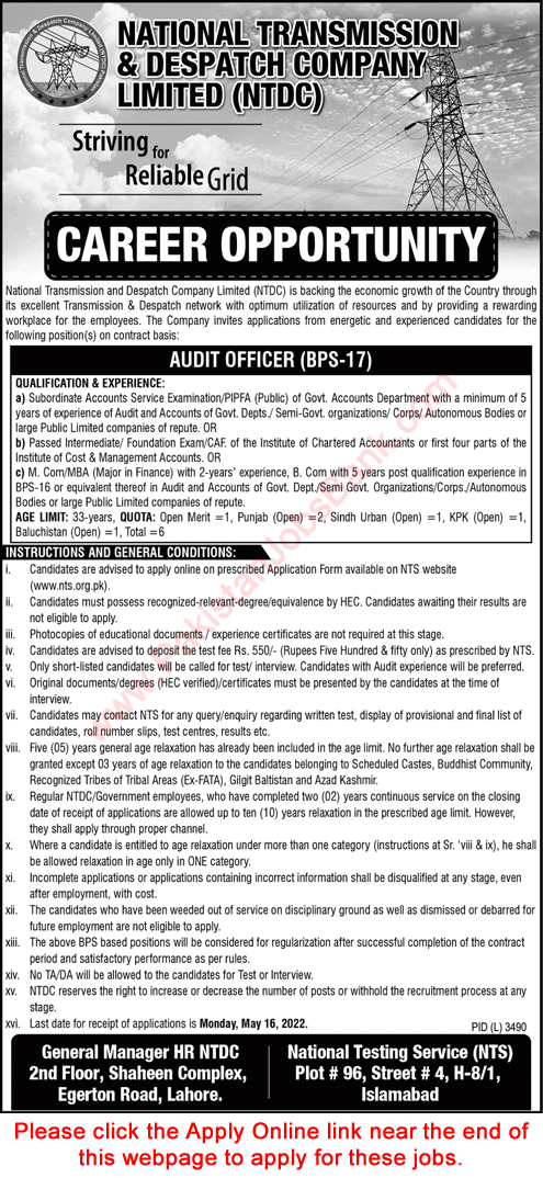 Audit Officer Jobs in NTDC 2022 May NTS Apply Online National Transmission & Despatch Company Latest