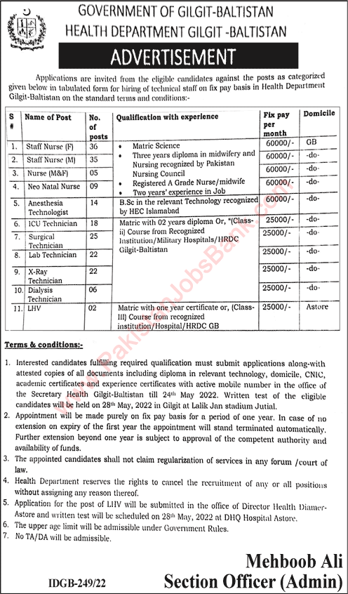 Health Department Gilgit Baltistan Jobs May 2022 Nurses, Medical Technicians & Others Latest