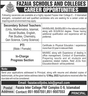 Fazaia Inter College Islamabad Jobs May 2022 Teachers, PTI & In-Charge Latest