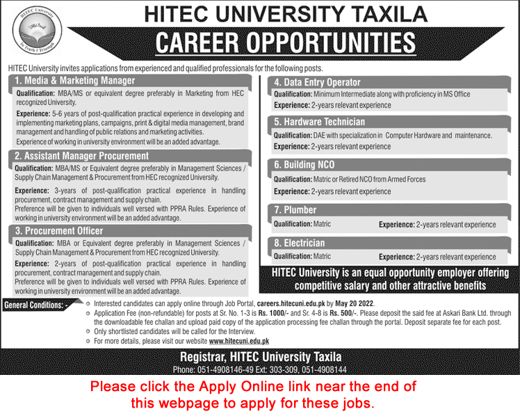 HITEC University Taxila Jobs 2022 May Apply Online Assistant Manager, Data Entry Operator & Others Latest