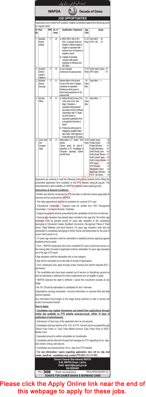 WAPDA Jobs May 2022 PTS Apply Online Clerks & Others Water and Power Development Authority Latest
