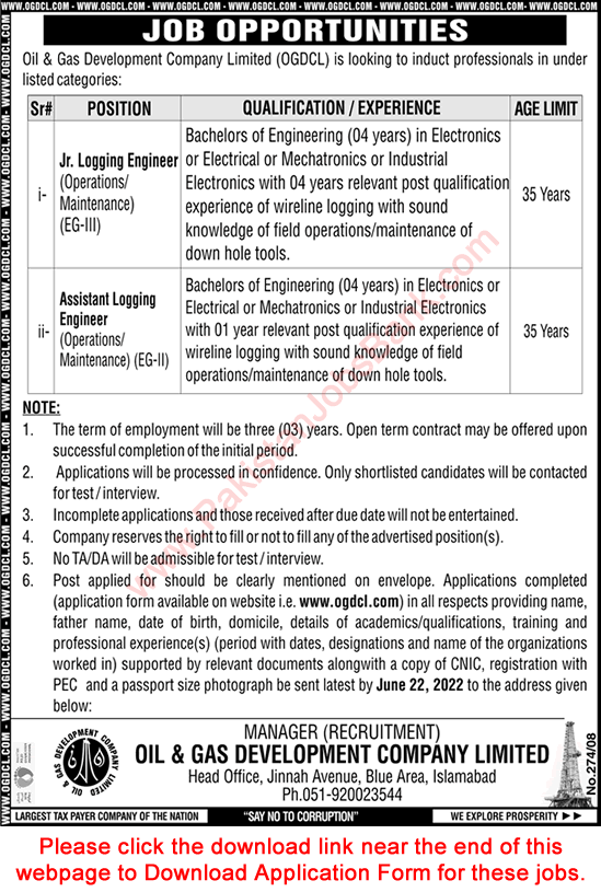 OGDCL Jobs May 2022 June Application Form Logging Engineers Oil and Gas Development Authority Latest