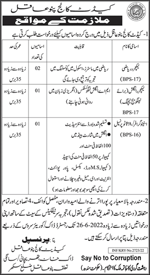 Cadet College Pano Aqil Jobs June 2022 Lecturers & Stenographer Latest