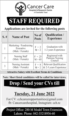 Cancer Care Hospital and Research Centre Lahore Jobs June 2022 Nursing Staff & Others Latest