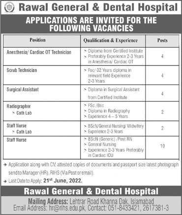 Rawal General and Dental Hospital Islamabad Jobs June 2022 Staff Nurses & Others Latest