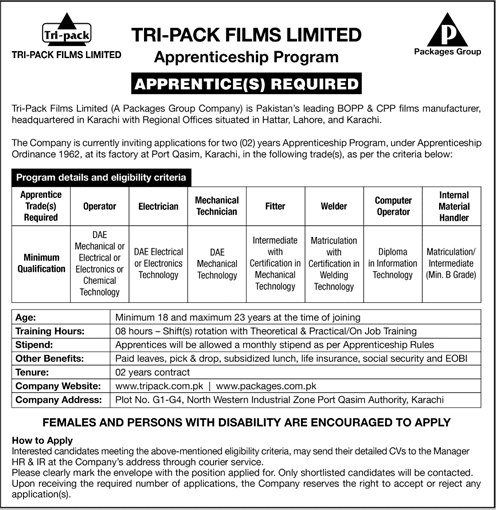 Tri Pack Films Limited Karachi Apprenticeship Program 2022 June Latest