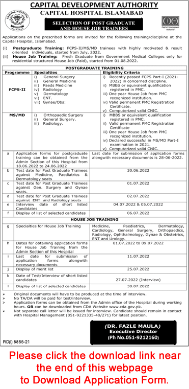 CDA Hospital Islamabad House Job & Postgraduate Training 2022 June Application Form Latest