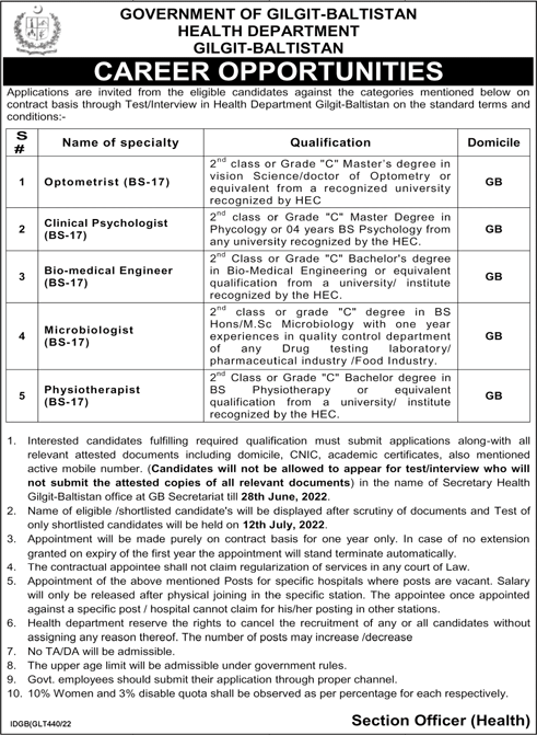 Health Department Gilgit Baltistan Jobs 2022 June Bio Medical Engineer & Others Latest
