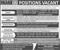 Iqra University Islamabad Jobs 2022 June Chak Shehzad Lab Assistants, Computer Operator & Others Latest