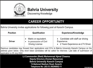 Driver Jobs in Bahria University Karachi Campus June 2022 Latest
