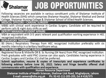 Shalamar Hospital Lahore Jobs June 2022 Staff Nurses, Medical Officers & Others Latest