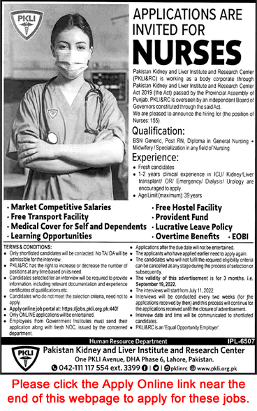 Nurse Jobs in PKLI Lahore June 2022 PKLI&RC Online Apply Pakistan Kidney and Liver Institute and Research Center Latest