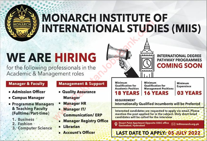 Monarch Institute of International Studies Hyderabad Jobs 2022 June / July Teaching Faculty & Others Latest