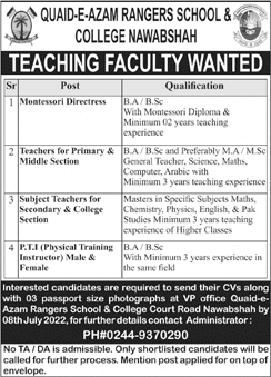 Quaid e Azam Rangers School and College Nawabshah Jobs 2022 June / July Teachers & Others Latest