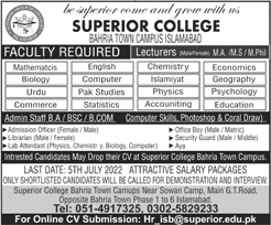 Superior College Islamabad Jobs 2022 June / July Lecturers & Others Bahria Town Campus Latest