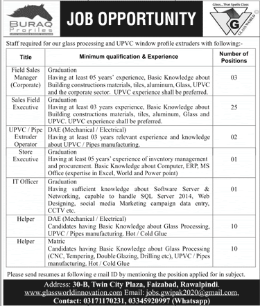 Glass World Innovations Pakistan Jobs 2022 July Sales Field Executives, Helpers & Others Latest