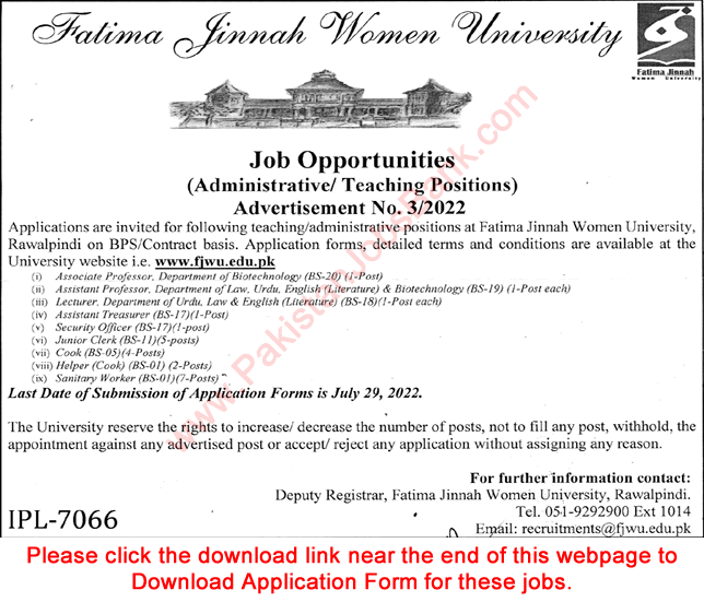 Fatima Jinnah Women University Rawalpindi Jobs July 2022 FJWU Apply Online Latest