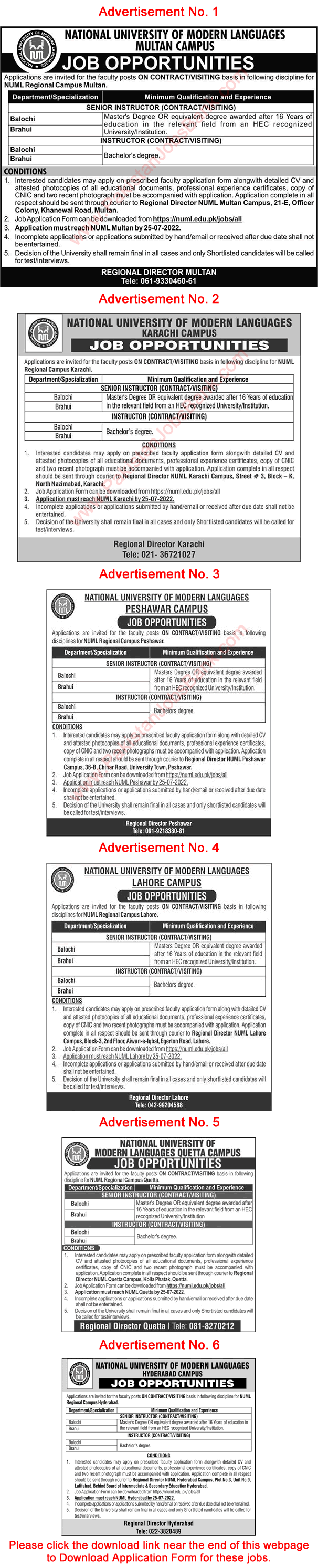 Senior Instructor Jobs in NUML University July 2022 Application Form National University of Modern Languages Latest