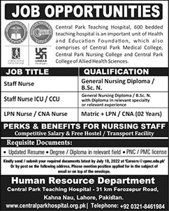 Nurse Jobs in Central Park Teaching Hospital Lahore 2022 July CPTH Latest