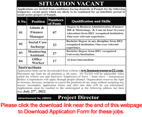 Social Sector Project Punjab Jobs 2022 July Application Form Monitoring Assistants & Others Latest