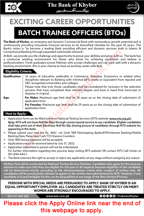 Batch Trainee Officer Jobs in Bank of Khyber July 2022 NTS Apply Online BTOs Latest