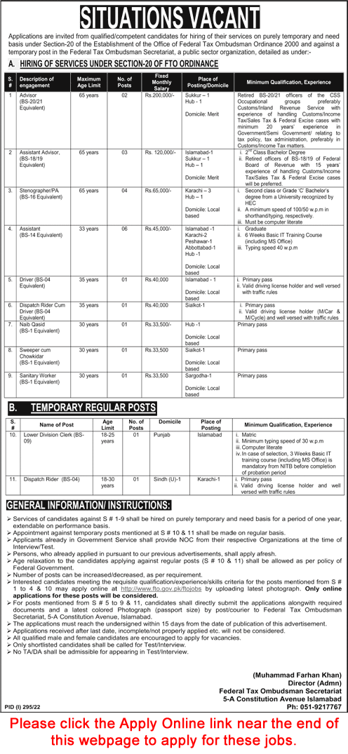 FTO Jobs 2022 July Online Apply Federal Tax Ombudsman Latest