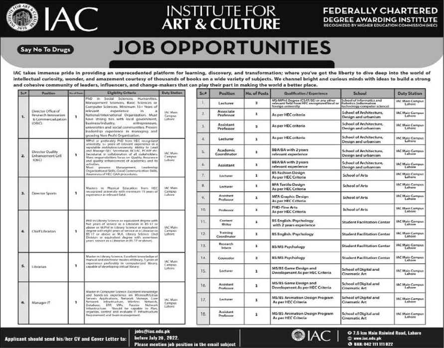 Institute for Art and Culture Lahore Jobs 2022 July Teaching Faculty & Others Latest