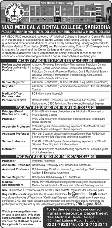 Niazi Medical and Dental College Sargodha Jobs 2022 July NMDC Teaching Faculty & Others Latest