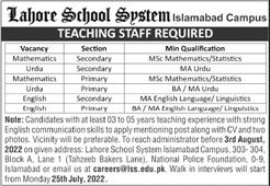 Teaching Jobs in Lahore School System Islamabad Campus 2022 July Latest