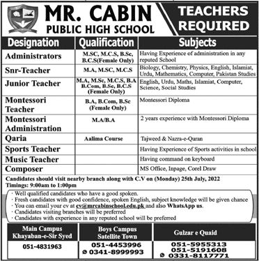 Mr Cabin Public High School Rawalpindi Jobs July 2022 Teachers & Others Latest