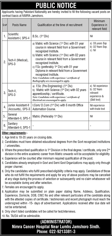 NIMRA Cancer Hospital Jamshoro Jobs 2022 July Technicians, Scientific Assistant & Others PAEC Latest