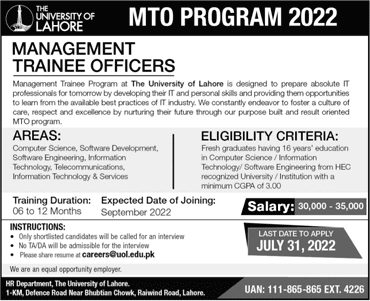 Management Trainee Officer Jobs in University of Lahore 2022 July MTO Program Latest