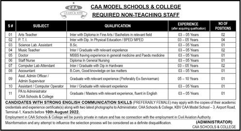 CAA Model Schools and College Karachi Jobs July 2022 Teachers & Others Latest