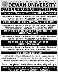 Shaheed Benazir Bhutto Dewan University Karachi Jobs 2022 July August Teaching Faculty & Others Latest