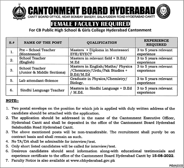 Cantonment Board Public High School and Girls College Hyderabad Jobs 2022 July / August Latest