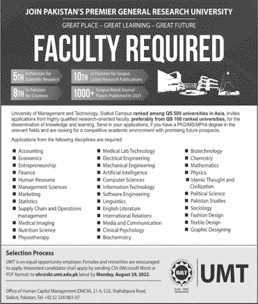 Teaching Faculty Jobs in UMT Lahore 2022 July / August University of Management and Technology Latest