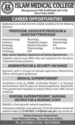 Islam Medical College Sialkot Jobs July 2022 August Teaching Faculty & Others Latest