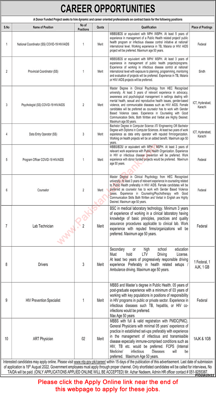 National TB Control Program Jobs August 2022 Apply Online NTP Donor Funded Project Latest