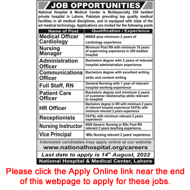 National Hospital and Medical Center Lahore Jobs August 2022 Apply Online Latest