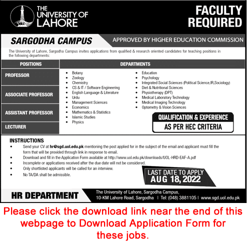 University of Lahore Sargodha Campus Jobs August 2022 Application Form UOL Teaching Faculty Latest