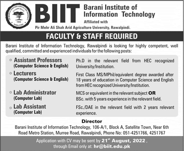 Barani Institute of Information Technology Rawalpindi Jobs 2022 August Teaching Faculty & Others Latest