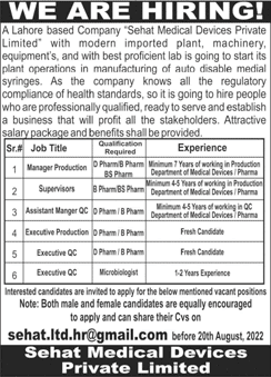 Sehat Medical Devices Pvt Ltd Lahore Jobs 2022 August Assistant Manager, Supervisors & Others Latest
