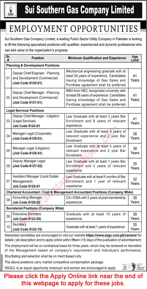 SSGC Jobs August 2022 Apply Online Sui Southern Gas Company Managers & Others Latest