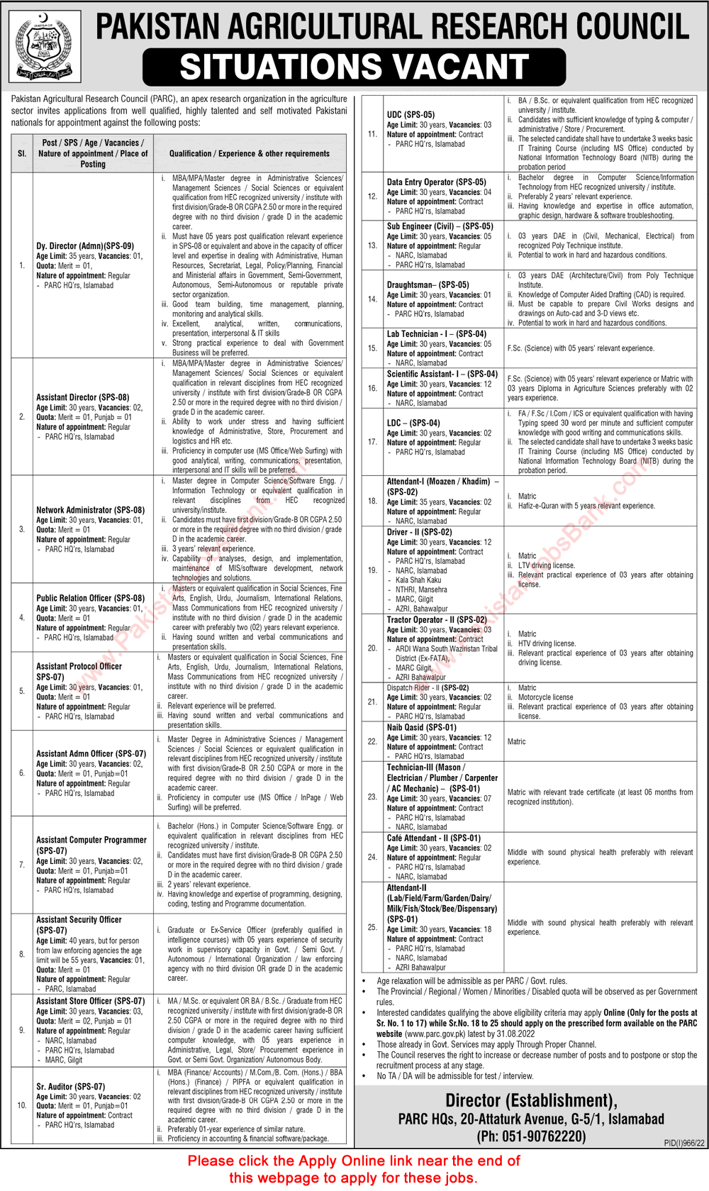 Pakistan Agricultural Research Council Jobs August 2022 PARC Apply Online Attendants, Scientific Officers & Others Latest