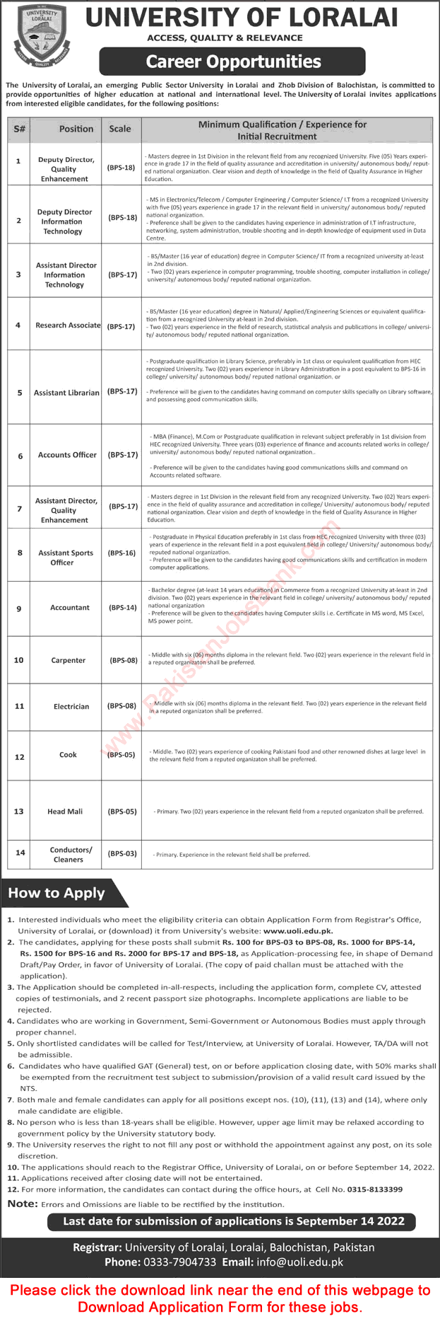 University of Loralai Jobs August 2022 Application Form Deputy Assistant Directors & Others Latest