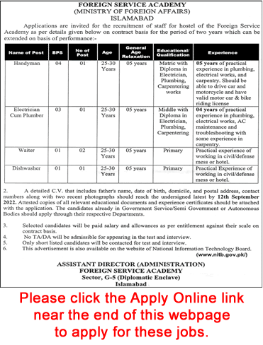 Ministry of Foreign Affairs Islamabad Jobs August 2022 Apply Online Foreign Service Academy Latest